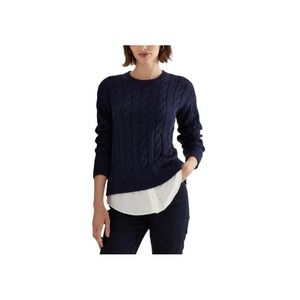 Ralph Lauren Women's Cable Knit Sweater with Layered Shirt Hem Navy Blue Size SP